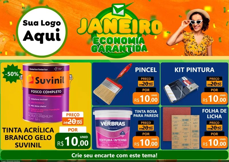 Modelo de Encarte para Encarte A4 Horizontal com o tema Janeiro - Economia Garantida para Tintas e Ferramentas