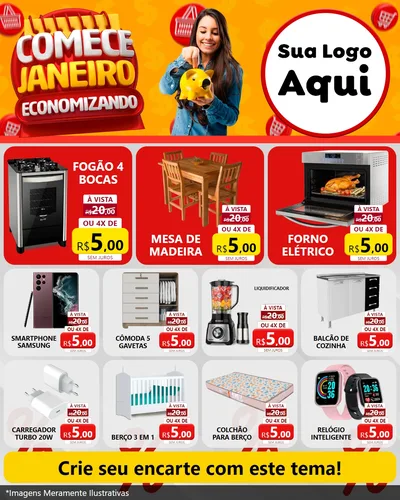 Modelo de Rede Social para Feed Instagram com o tema Comece Janeiro Economizando para Móveis e Eletro