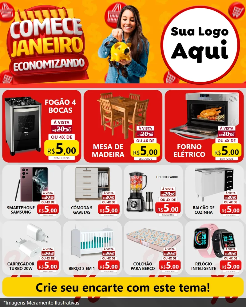 Modelo de Rede Social para Feed Instagram com o tema Comece Janeiro Economizando para Móveis e Eletro