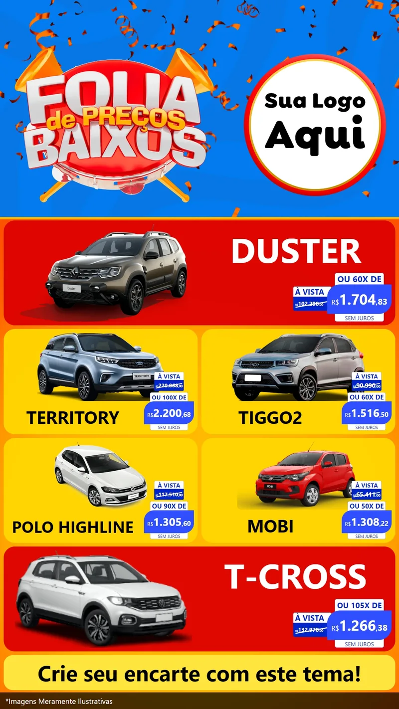 Modelo de TV para TV Vertical com o tema Folia de Preços Baixos para Concessionaria de Carros