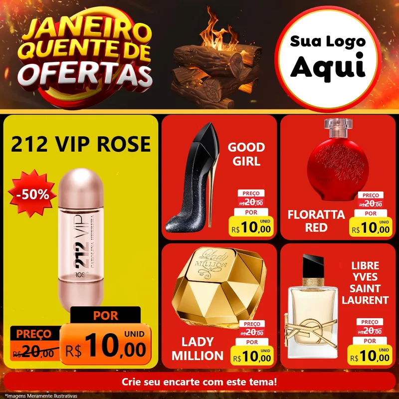 Modelo de Rede Social para Feed Facebook com o tema Janeiro Quente de Ofertas para Perfumes