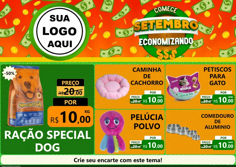 Modelo de Encarte para Encarte A4 Horizontal com o tema Comece Setembro Economizando para Pet Shop