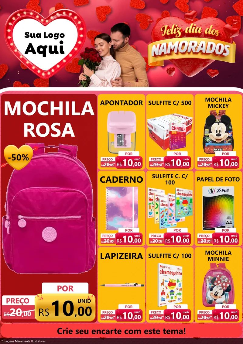 Modelo de Encarte para Encarte A4 Vertical com o tema Feliz Dia Dos Namorados para Papelaria