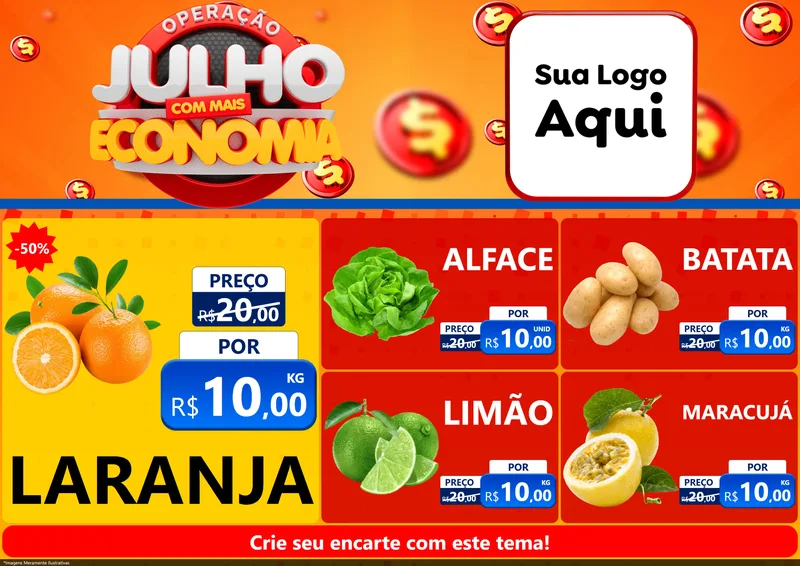 Modelo de Encarte para Encarte A4 Horizontal com o tema Operação Julho Com Mais Economia para Hortifrúti