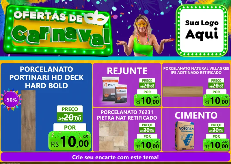 Modelo de Encarte para Encarte A4 Horizontal com o tema Ofertas de Carnaval para Pisos e revestimentos