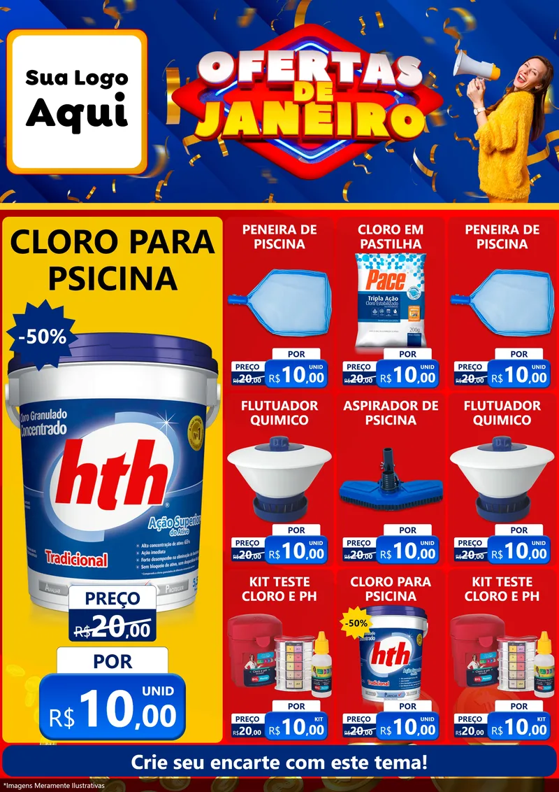 Modelo de Encarte para Encarte A4 Vertical com o tema Ofertas de Janeiro para Produtos para Piscina