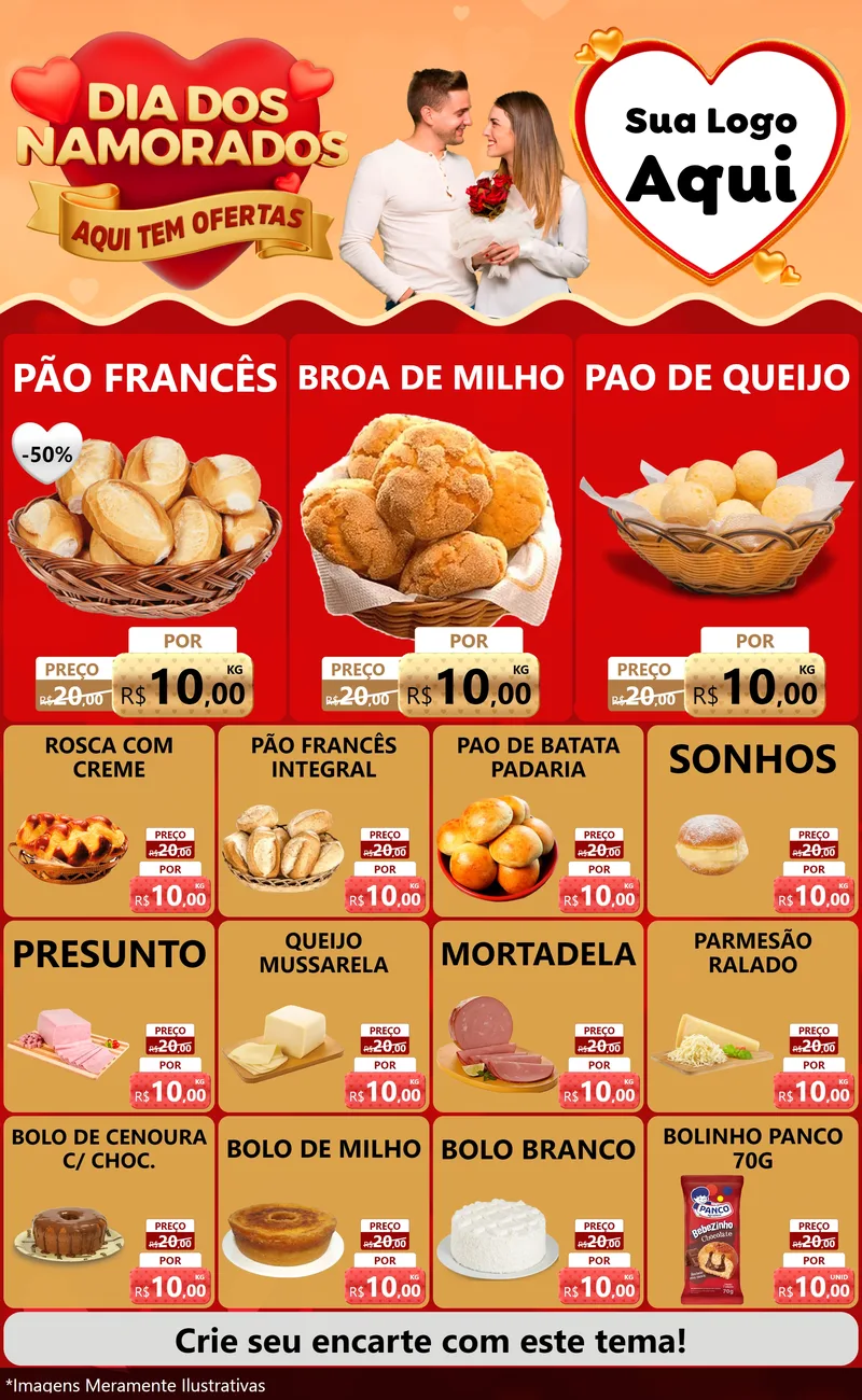 Modelo de Encarte para Encarte Grande com o tema Dia dos Namorados - Aqui Tem Ofertas para Padaria