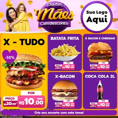 Modelo de Rede Social para Feed Facebook com o tema Dia das Mães com Desconto para Hamburgueria