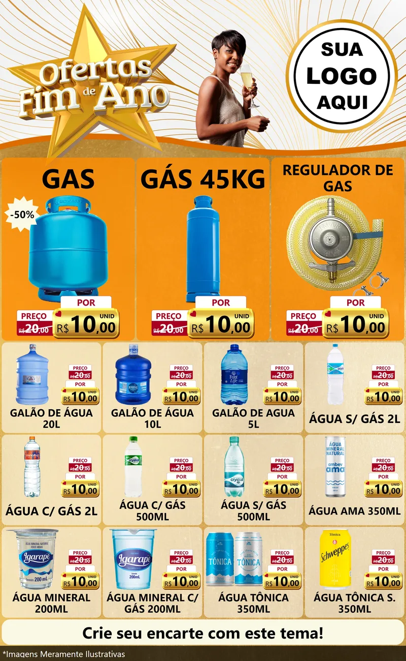 Modelo de Encarte para Encarte Grande com o tema Ofertas Fim de Ano para Água e gás