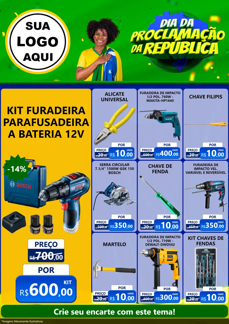 Modelo de Encarte para Encarte A4 Vertical com o tema Dia Da Proclamação Da República para Maquinas e Ferramentas