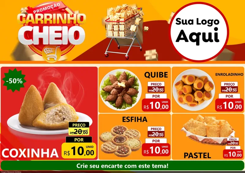 Modelo de Encarte para Encarte A4 Horizontal com o tema Promoção carrinho cheio para Salgadaria
