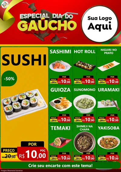 Modelo de Encarte para Encarte A4 Vertical com o tema Especial Dia do Gaúcho para Comida japonesa