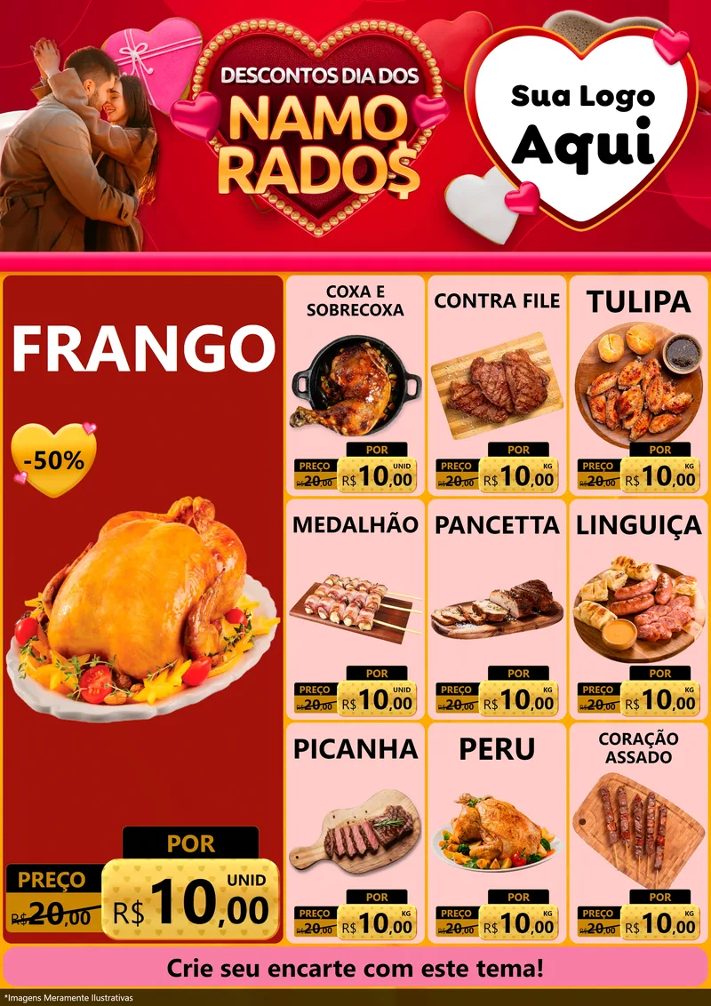 Modelo de Encarte para Encarte A4 Vertical com o tema Descontos Dia dos Namorados para Assados