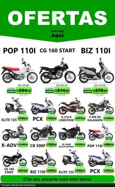 Modelo de Encarte para Encarte Grande com o tema Ofertas Verde Cartaz para Concessionaria de Motos