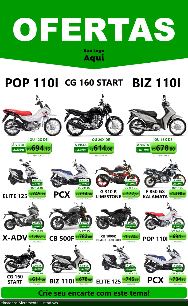 Modelo de Encarte para Encarte Grande com o tema Ofertas Verde Cartaz para Concessionaria de Motos