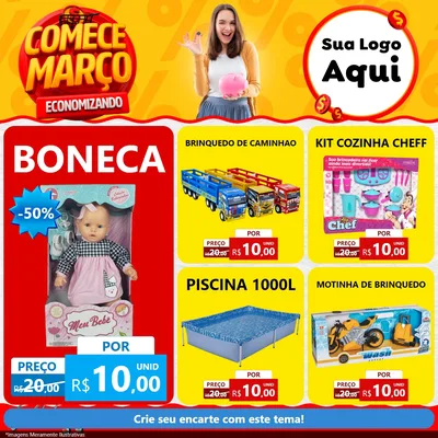 Modelo de Rede Social para Feed Facebook com o tema Comece Março Economizando para Brinquedos