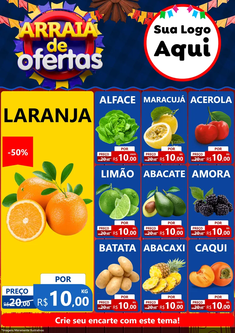 Modelo de Encarte para Encarte A4 Vertical com o tema Arraiá de Ofertas para Hortifrúti