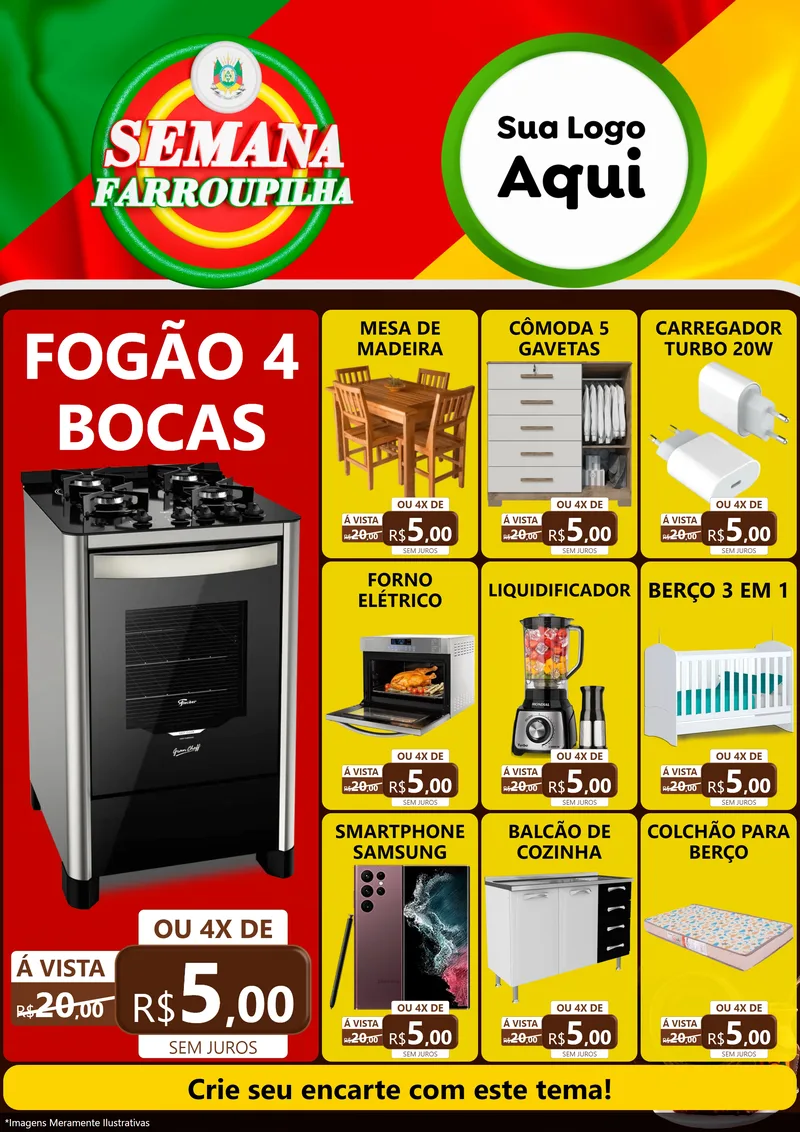 Modelo de Encarte para Encarte A4 Vertical com o tema Semana Farroupilha para Móveis e Eletro