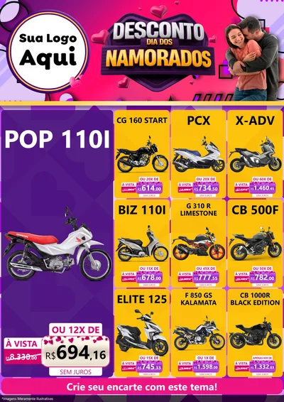 Modelo de Encarte para Encarte A4 Vertical com o tema Desconto Dia dos Namorados para Concessionaria de Motos