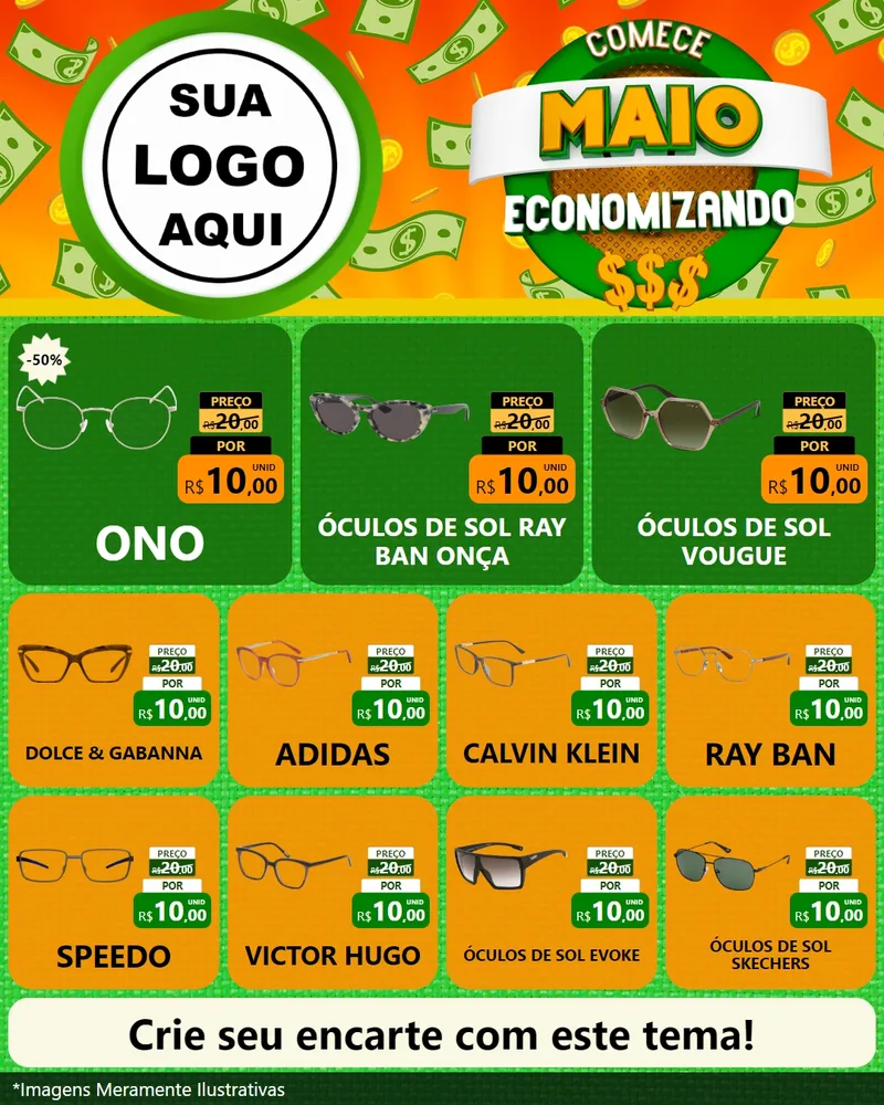 Modelo de Rede Social para Feed Instagram com o tema Comece Maio Economizando para Óticas