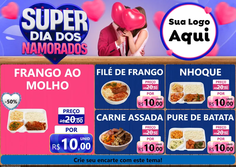 Modelo de Encarte para Encarte A4 Horizontal com o tema Super Dia dos Namorados para Restaurante