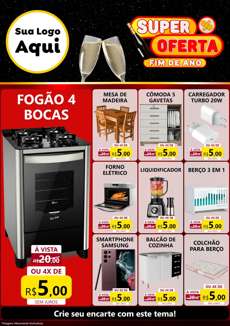 Modelo de Encarte para Encarte A4 Vertical com o tema Super Oferta Fim de Ano para Móveis e Eletro