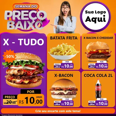 Modelo de Rede Social para Feed Facebook com o tema Semana do Preço Baixo para Hamburgueria