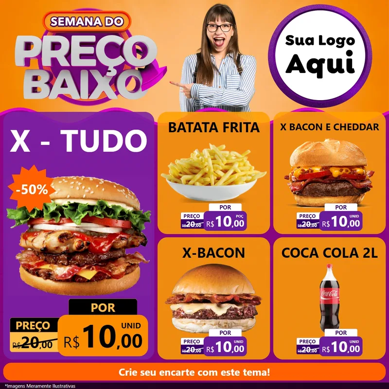 Modelo de Rede Social para Feed Facebook com o tema Semana do Preço Baixo para Hamburgueria