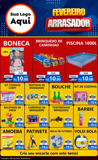 Modelo de Encarte para Encarte Grande com o tema Fevereiro Arrasador para Brinquedos