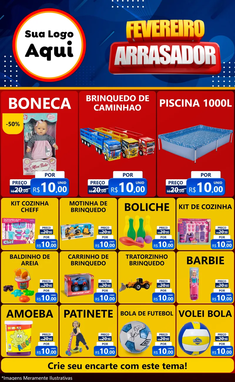 Modelo de Encarte para Encarte Grande com o tema Fevereiro Arrasador para Brinquedos