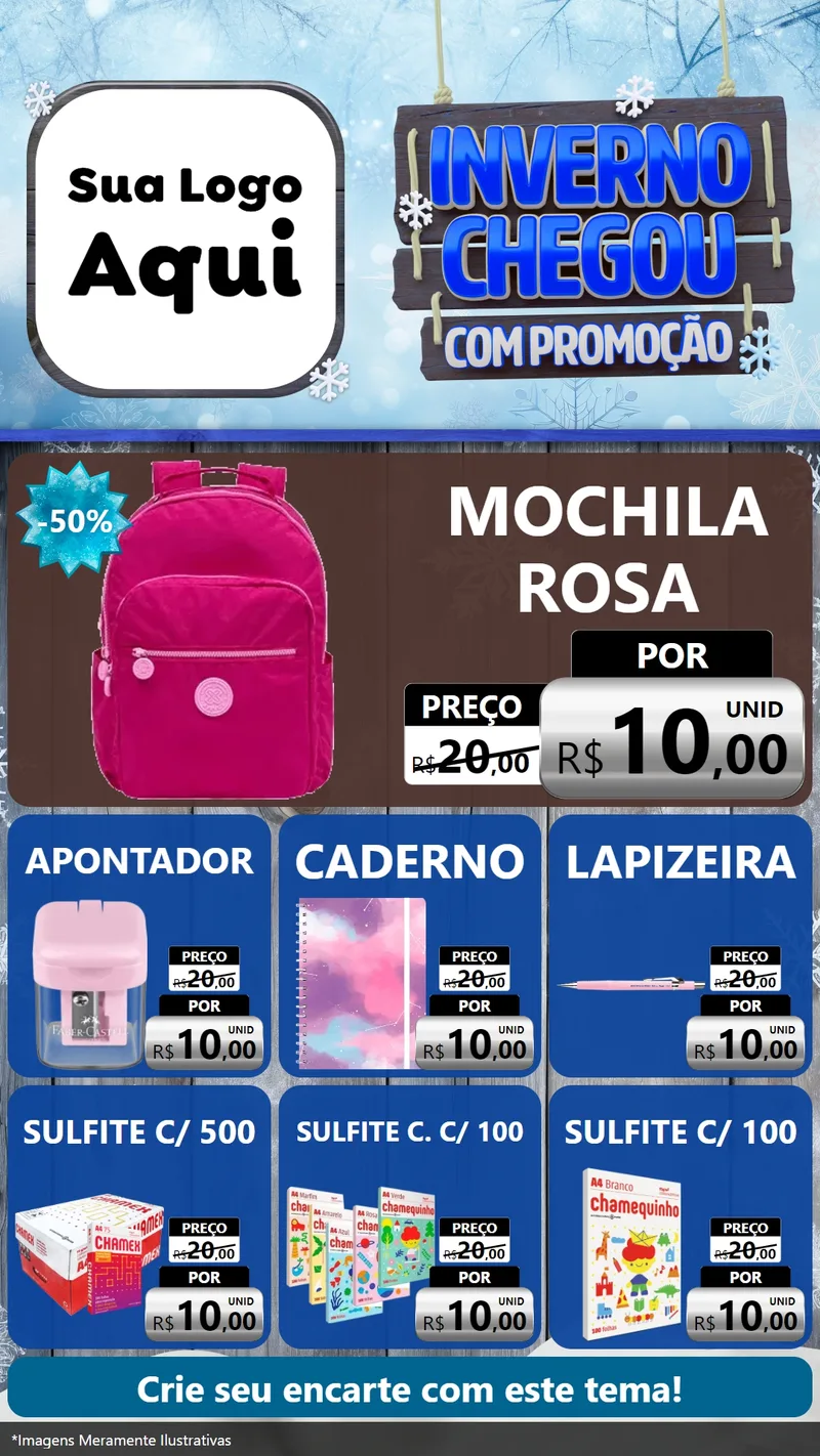 Modelo de Rede Social para Stories com o tema Inverno Chegou Com Promoção para Papelaria