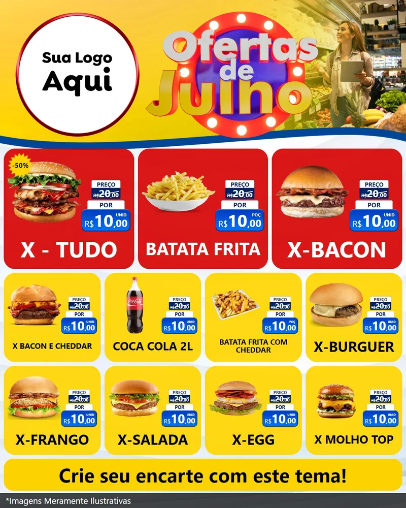 Modelo de Rede Social para Feed Instagram com o tema Ofertas de Julho para Hamburgueria