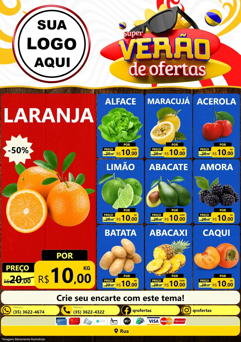 Modelo de Encarte para Encarte A4 Vertical com o tema Super Verão de Ofertas para Hortifrúti
