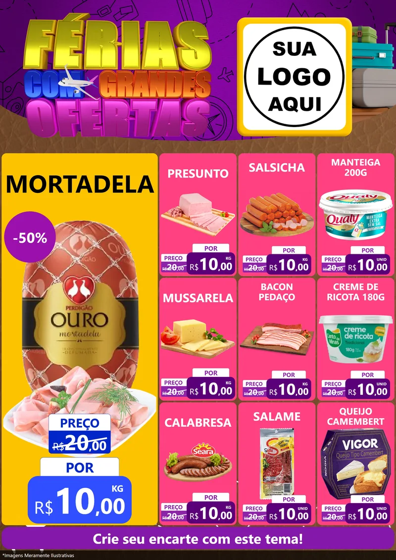 Modelo de Encarte para Encarte A4 Vertical com o tema Férias com Grandes Ofertas para Frios e Laticínios