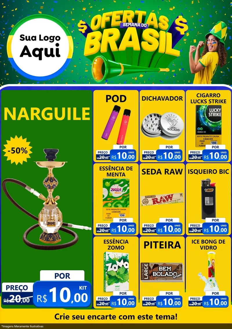 Modelo de Encarte para Encarte A4 Vertical com o tema Ofertas Semana do Brasil para Tabacaria