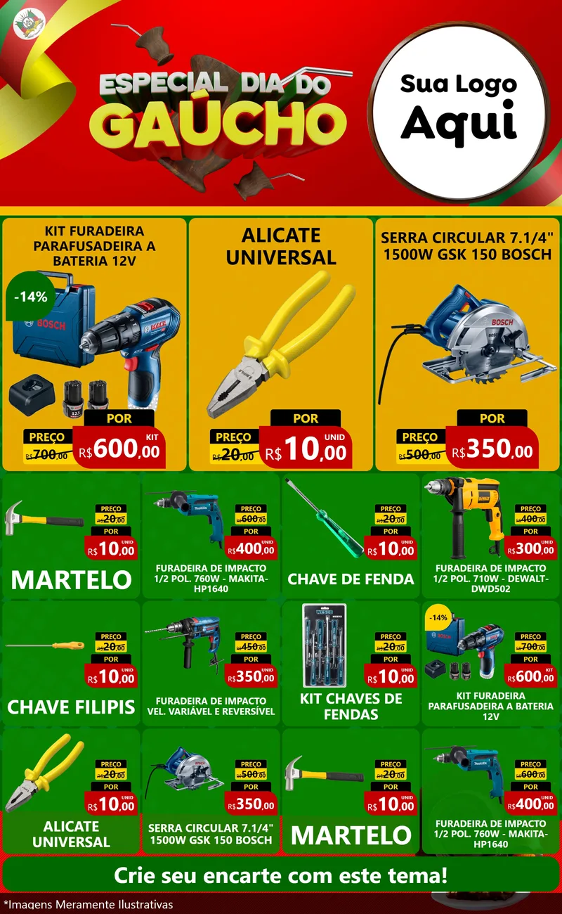 Modelo de Encarte para Encarte Grande com o tema Especial Dia do Gaúcho para Maquinas e Ferramentas