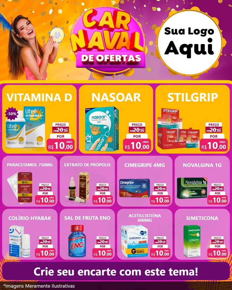 Modelo de Rede Social para Feed Instagram com o tema Carnaval de Ofertas para Farmácia