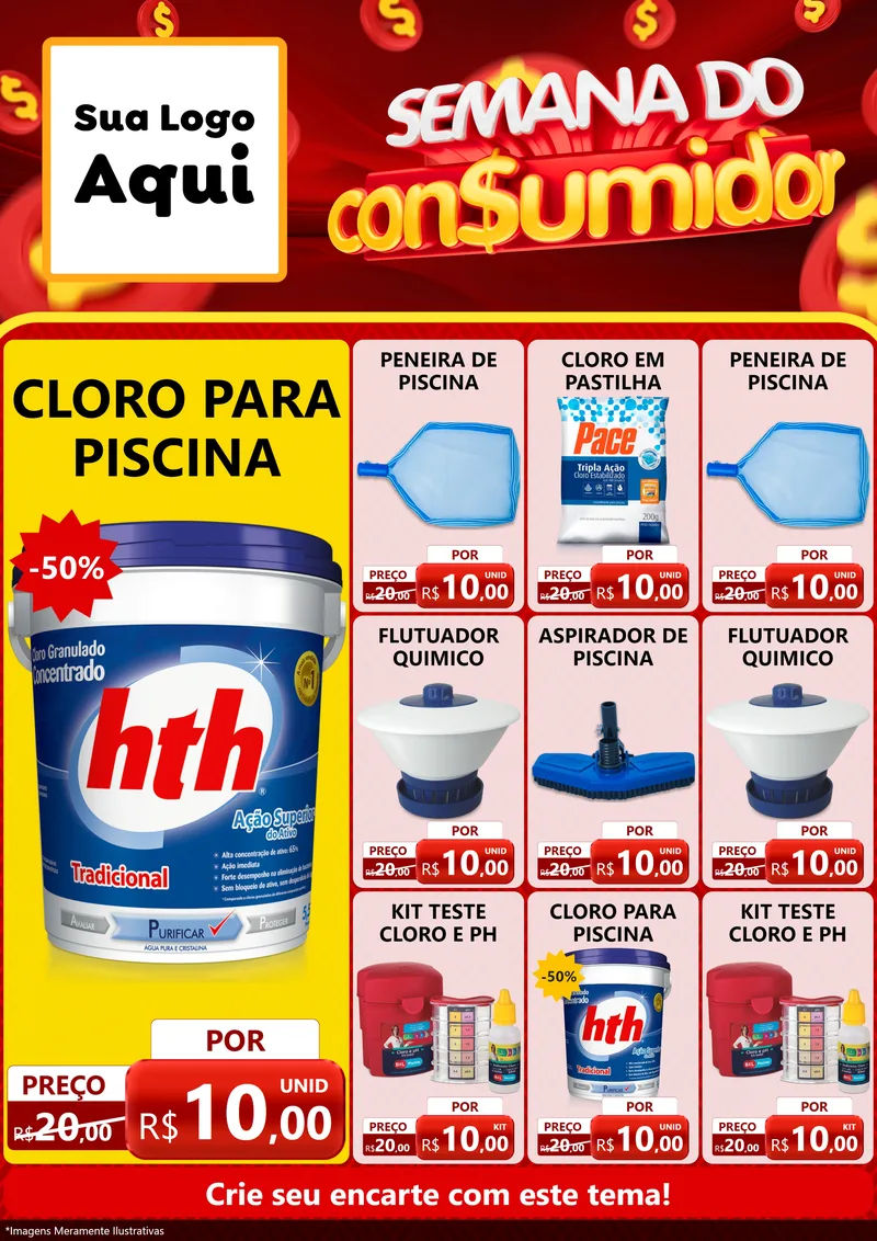 Modelo de Encarte para Encarte A4 Vertical com o tema Semana do Consumidor para Produtos para Piscina
