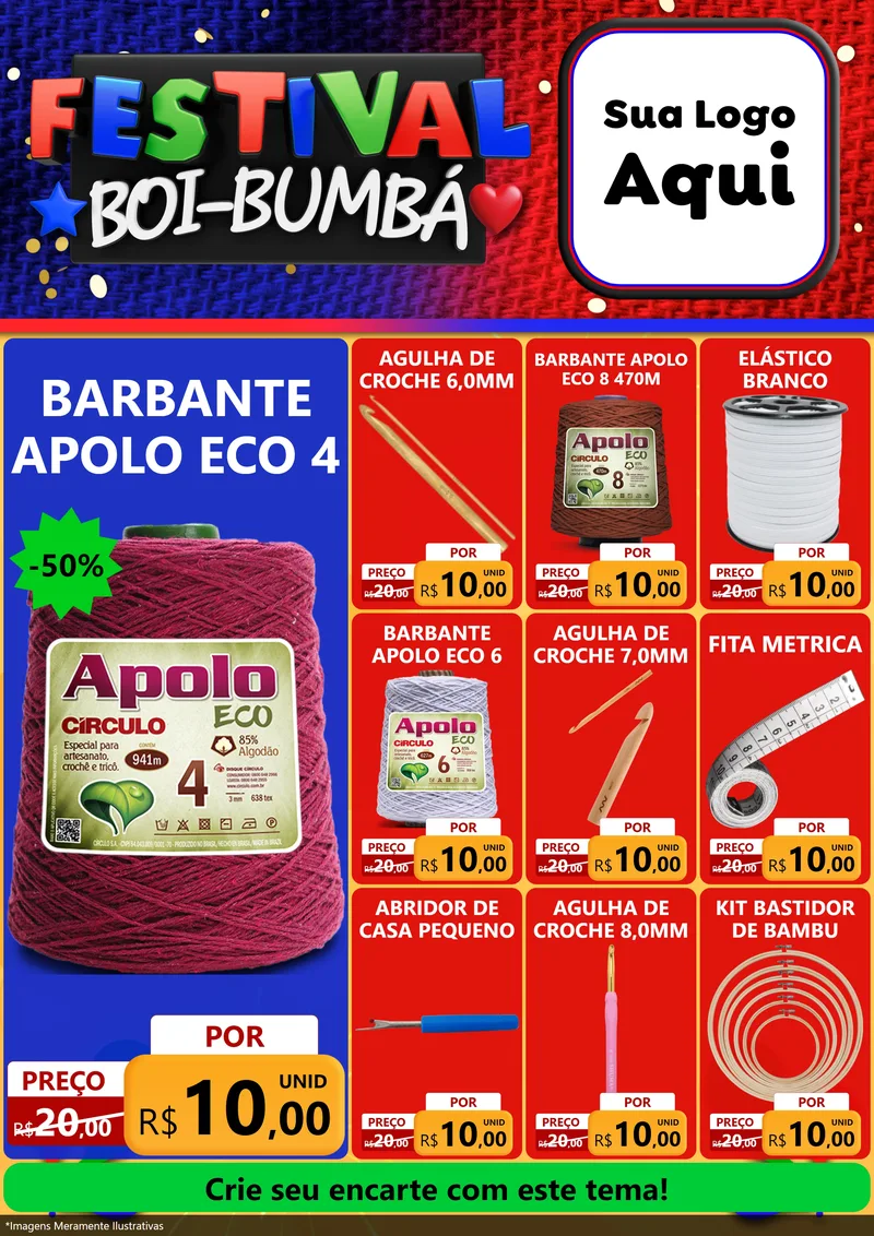 Modelo de Encarte para Encarte A4 Vertical com o tema Festival Boi-Bumbá para Armarinho e Aviamentos