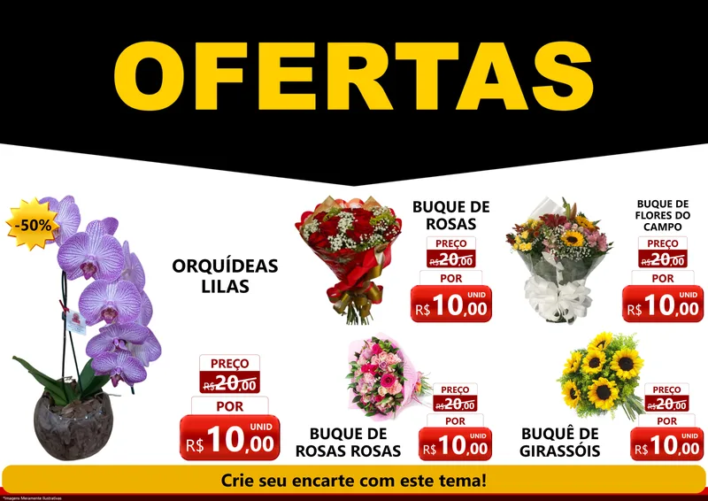Modelo de Encarte para Encarte A4 Horizontal com o tema Ofertas Preto e Vermelho Cartaz para Floricultura e jardim