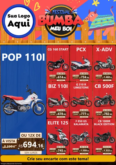 Modelo de Encarte para Encarte A4 Vertical com o tema Festival Bumba Meu Boi para Concessionaria de Motos