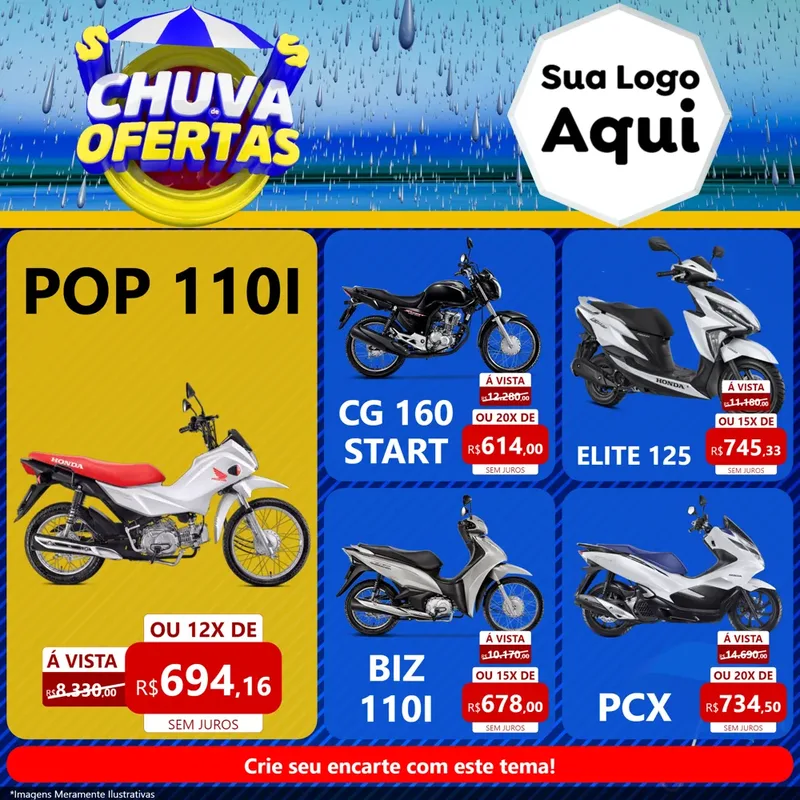Modelo de Rede Social para Feed Facebook com o tema Chuva de Ofertas para Concessionaria de Motos
