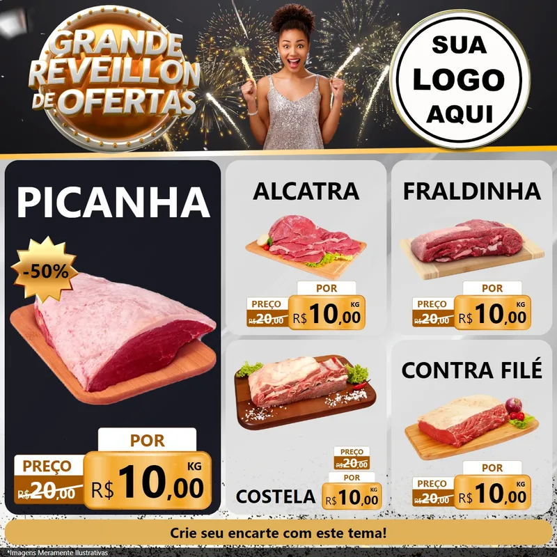Modelo de Rede Social para Feed Facebook com o tema Grande Réveillon de Ofertas para Açougue