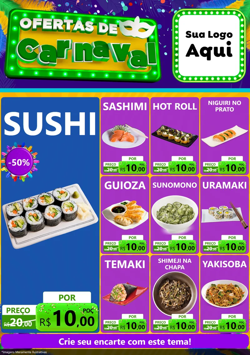Modelo de Encarte para Encarte A4 Vertical com o tema Ofertas de Carnaval para Comida japonesa