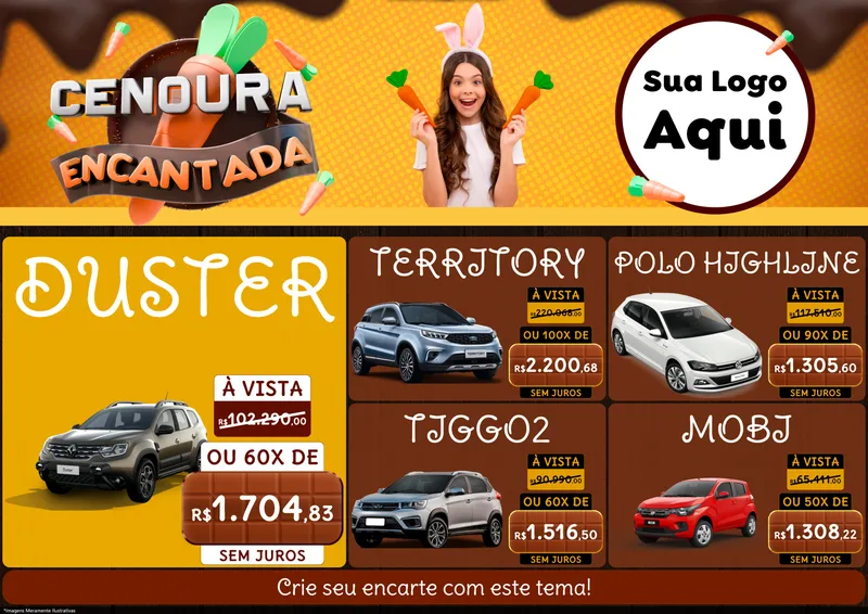 Modelo de Encarte para Encarte A4 Horizontal com o tema Cenoura Encantada - Páscoa para Concessionaria de Carros