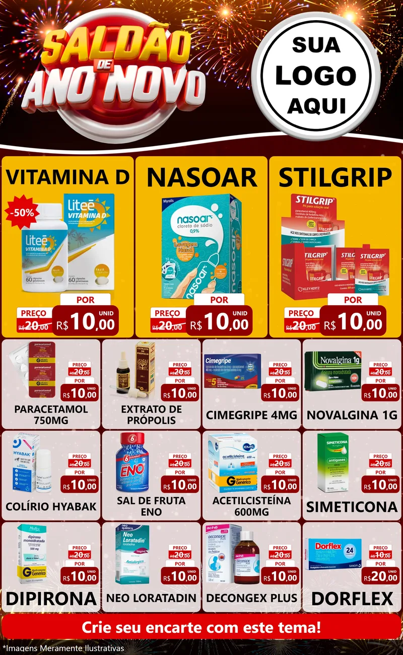 Modelo de Encarte para Encarte Grande com o tema Saldão de Ano Novo para Farmácia