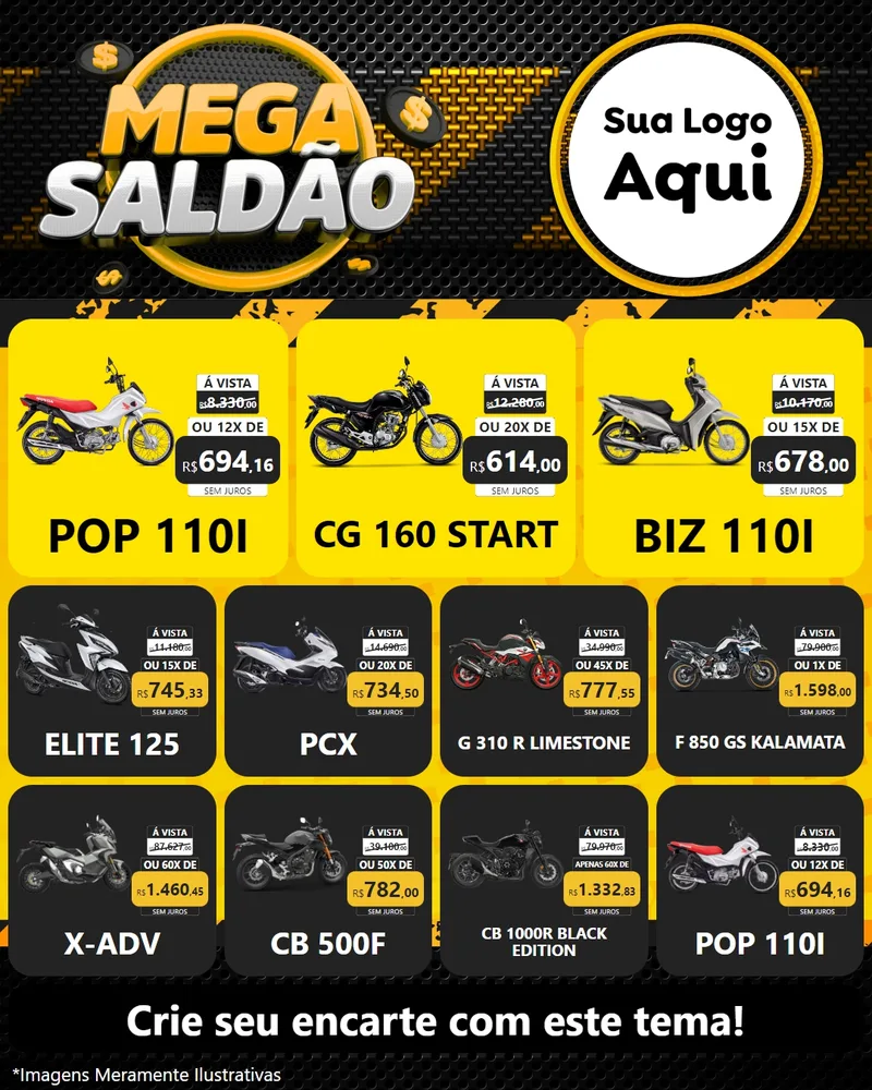 Modelo de Rede Social para Feed Instagram com o tema Mega Saldão para Concessionaria de Motos