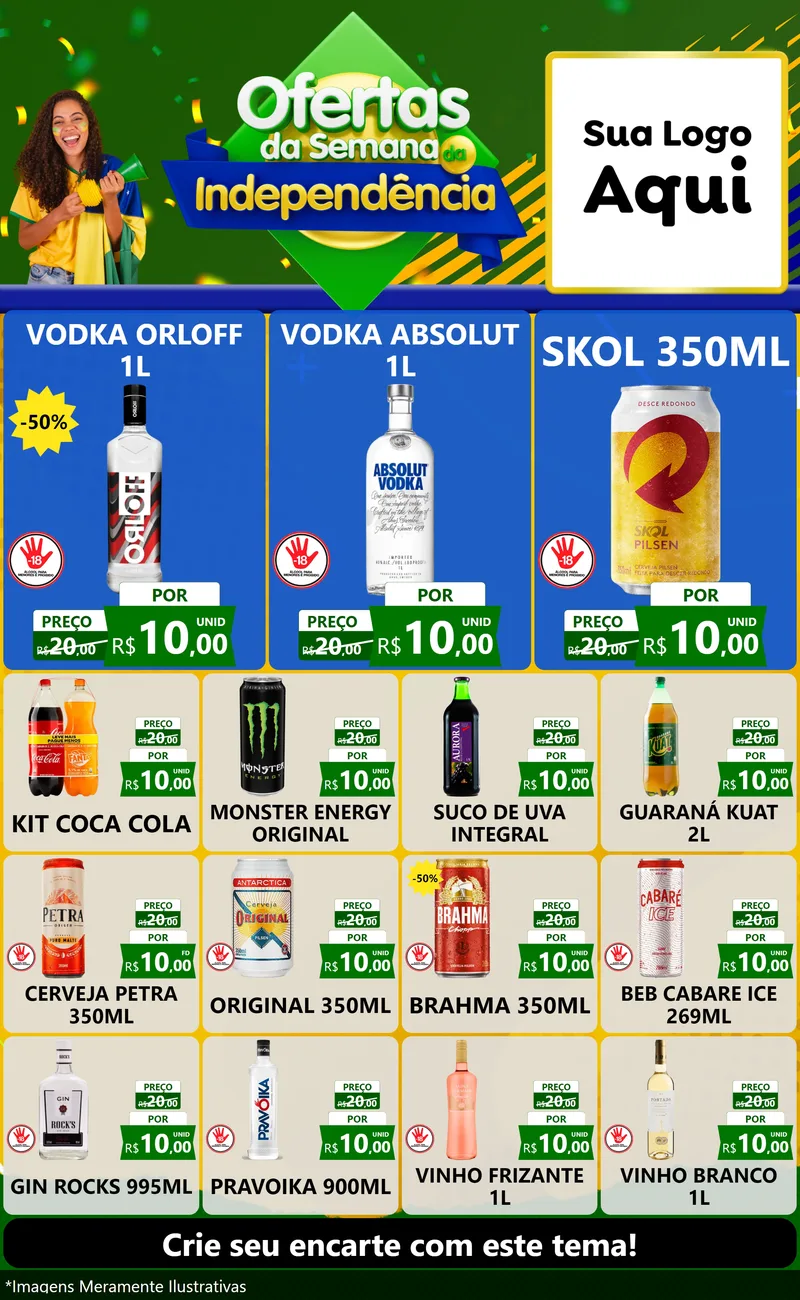 Modelo de Encarte para Encarte Grande com o tema Ofertas da Semana da Independência para Distribuidora de bebidas