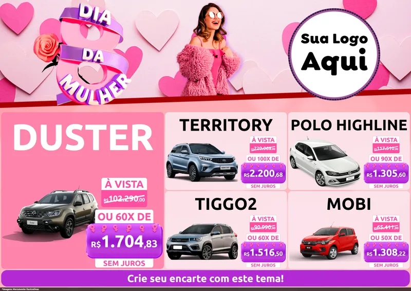 Modelo de Encarte para Encarte A4 Horizontal com o tema Dia da Mulher para Concessionaria de Carros