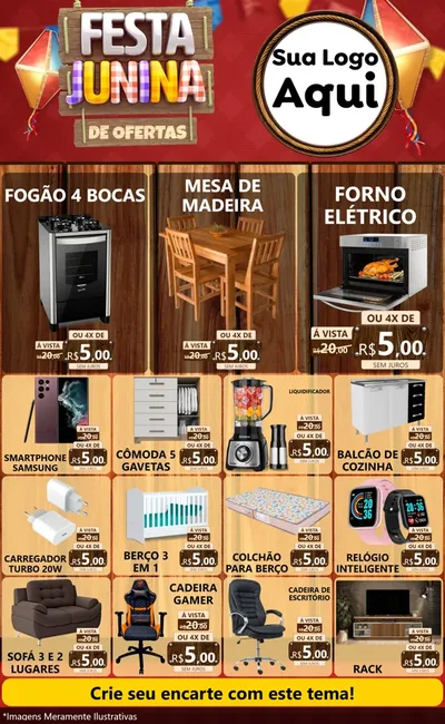 Modelo de Encarte para Encarte Grande com o tema Festa Junina de Ofertas para Móveis e Eletro